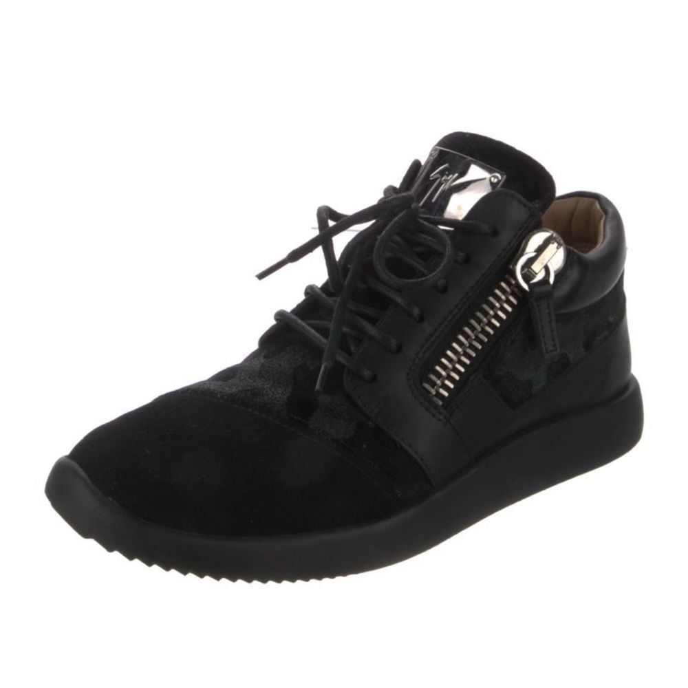 Giuseppe Zanotti Black Suede & Leather Lace-Up Sneaker with Side Zip